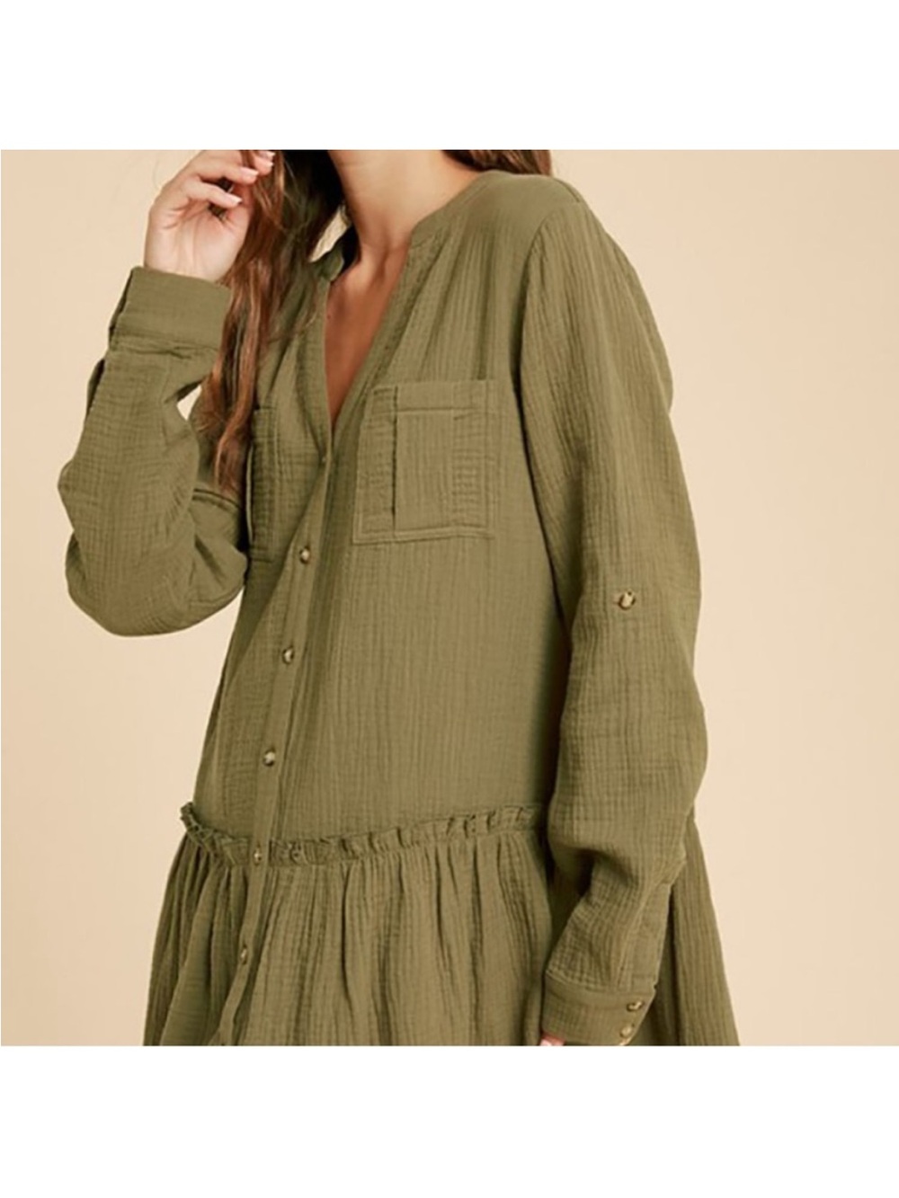 Maeve Anthropologie Olive Green Cotton Gauze Tiered Button Down Dress Size 2